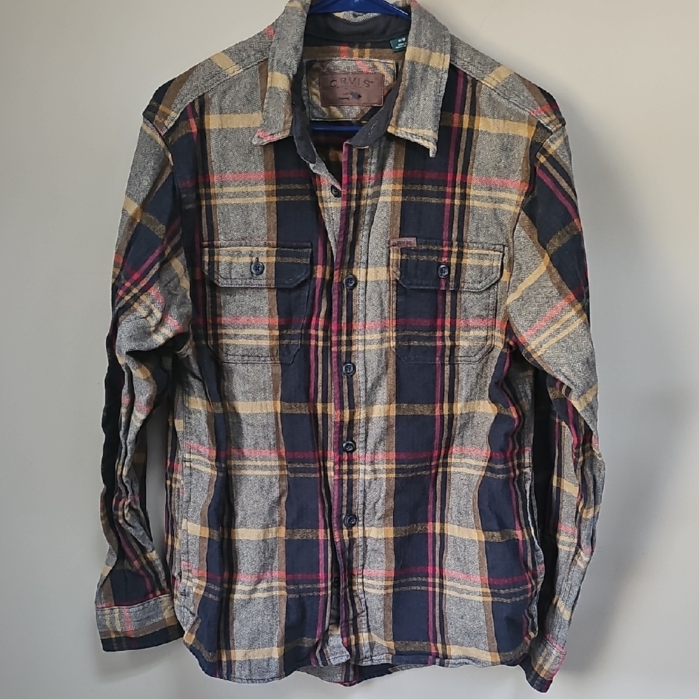 Orvis Plaid Heavy Flannel Shirt Jacket in Navy, Gray & Tan with Red Accents